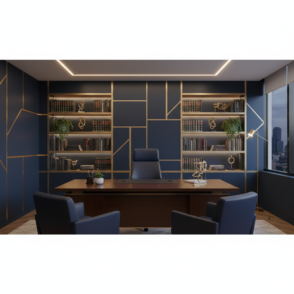 Professional law firm office interior with elegant modern design and sophisticated navy blue and gold decor